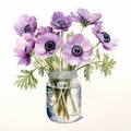 Watercolor Flower Illustration: Purple Anemones In A Jar Royalty Free Stock Photo