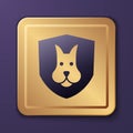 Purple Animal health insurance icon isolated on purple background. Pet protection concept. Dog or cat paw print. Gold