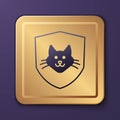 Purple Animal health insurance icon isolated on purple background. Pet protection concept. Dog or cat paw print. Gold Royalty Free Stock Photo