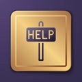 Purple Ask for help text icon isolated on purple background. Gold square button. Vector Royalty Free Stock Photo