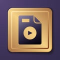 Purple AVI file document. Download avi button icon isolated on purple background. AVI file symbol. Gold square button Royalty Free Stock Photo