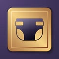 Purple Baby absorbent diaper icon isolated on purple background. Gold square button. Vector