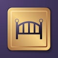 Purple Baby crib cradle bed icon isolated on purple background. Gold square button. Vector