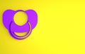 Purple Baby dummy pacifier icon isolated on yellow background. Toy of a child. Minimalism concept. 3D render