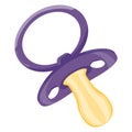 Purple baby pacifier with yellow detail, isolated on white. Infant soother, everyday baby item vector illustration