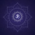 A purple background features a stylized representation of the Ajna chakra. At the