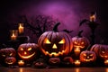 Purple background with Halloween Pumpkins text above a pumpkin display
