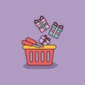 Purple background with shopping basket and gift boxes Royalty Free Stock Photo