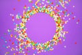 Purple background with vivid confetti. Colorful abstract backdrop with round frame and space for your text. Festive