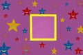 purple background with yellow frame as copy space, creative art design, around frame colorful stars, modern idea, minimal concept Royalty Free Stock Photo