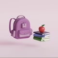 Purple backpack with books and apple. Concept of back to school.3d render illustreation Royalty Free Stock Photo