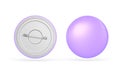 Purple badge, circle pin button front and back view 3d render icons set. Realistic mockup of blank round magnet or