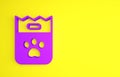 Purple Bag of food for dog icon isolated on yellow background. Dog or cat paw print. Food for animals. Pet food package Royalty Free Stock Photo