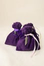 Purple bags with energy stones inside on a table Royalty Free Stock Photo