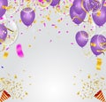 Purple balloons, confetti concept design template Happy background Celebration Vector illustration. fun decor glitters. Abstract Royalty Free Stock Photo