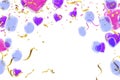 purple balloons with confetti falling down over background. Festival and joyful mood. Christmas, New Year, birthday or wedding