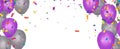 Purple balloons and confetti on white background. Vector illustration Royalty Free Stock Photo