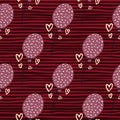 Purple balloons silhouettes with rings print and outline hearts seamless pattern. Maroon and red stripped background Royalty Free Stock Photo