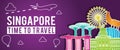 Purple banner of Singapore famous landmark silhouette colorful style,plane and balloon fly around with cloud