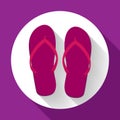 Purple beach sandals or slippers icon with long shadow. Flat design style. Royalty Free Stock Photo