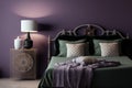 A purple bedroom with green linens and a blanket, Generative AI