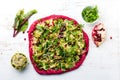 Purple beetroot dough, vegetables and sprouis pizza, Healthy fast food