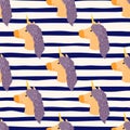 Purple and beige colored unicorn elements seamless doodle pattern. Striped background with white and navy blue lines Royalty Free Stock Photo