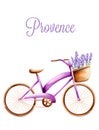 Purple bicycle with lavender in the front basket