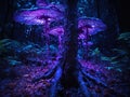 Purple bioluminescent fungus on tree in forest