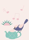 Purple bird, teapot and music