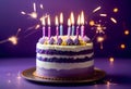 Purple birthday celebration layer cake with white frosting Royalty Free Stock Photo