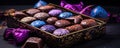 Purple or blue chocolate bars with chocolate box Royalty Free Stock Photo