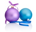 Purple and blue Christmas Ball with ribbon bow on white Royalty Free Stock Photo
