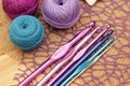 Purple and blue crochet yarn and hook Royalty Free Stock Photo