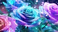 Purple Blue And Green Rose Flowers Glitter Super Detail. Generative AI Royalty Free Stock Photo