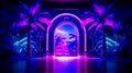 Purple and blue room with palm trees and neon light at the end of the room. Generative AI Royalty Free Stock Photo