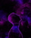 Purple and blue shining universe in the form of a male silhouette looking up on a starry space background