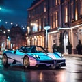 a purple and blue sports car driving down a wet street Royalty Free Stock Photo