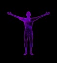 Purple blue stellar cosmic male silhouette with outstretched arms on a black background