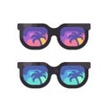 Purple and blue sunglasses with palm trees reflection. Hot summer icons Royalty Free Stock Photo