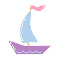 A purple boat with a blue sail and a pink flag