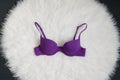 Purple bodice on white fur. Underwear, fashion concept. Top view