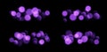 Purple bokeh set, blurred background with sparkling lights, blurry glitter effect.
