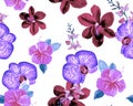 Purple Botanical Textile. Coral Orchid Textile. Pink Hibiscus Print. Flower Jungle. Watercolor Texture. Seamless Textile. Pattern Royalty Free Stock Photo