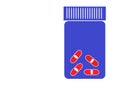 A purple bottle of four red capsules of medicine pills against a white backdrop Royalty Free Stock Photo
