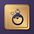 Purple Bottle with love potion icon isolated on purple background. Happy Valentines day. Gold square button. Vector