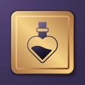 Purple Bottle with love potion icon isolated on purple background. Valentines day symbol. Gold square button. Vector