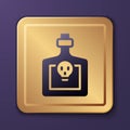 Purple Bottle with potion icon isolated on purple background. Flask with magic potion. Happy Halloween party. Gold