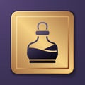 Purple Bottle with potion icon isolated on purple background. Flask with magic potion. Happy Halloween party. Gold