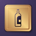 Purple Bottle of wine icon isolated on purple background. Gold square button. Vector